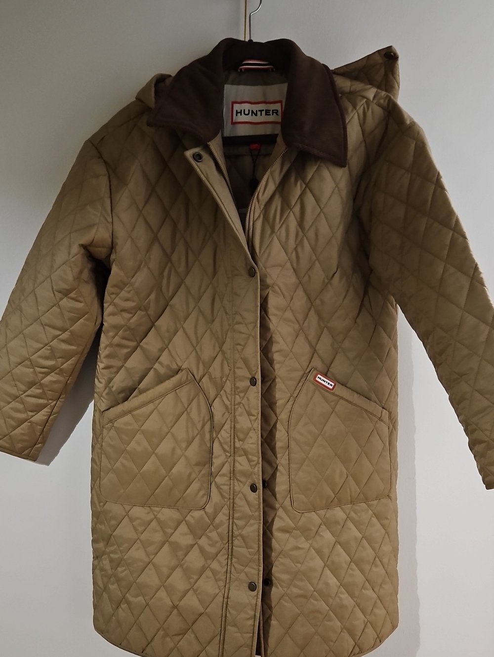 Hunter Women's Allison Quilted Long Puffer Coat in British Tan Brown Collar
